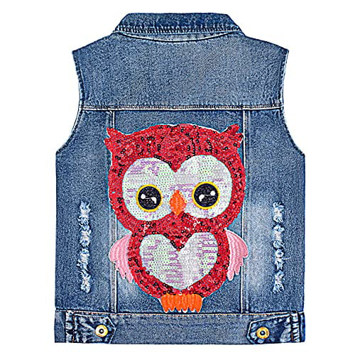 Little Girls Denim Vest Spring Autumn Sequins Owl Vest Coat 